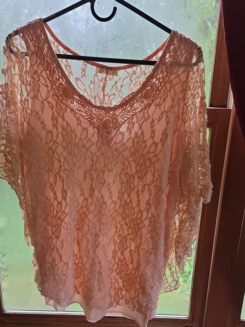 Peach Lace Overlay V-Neck Blouse with Decorative Accents